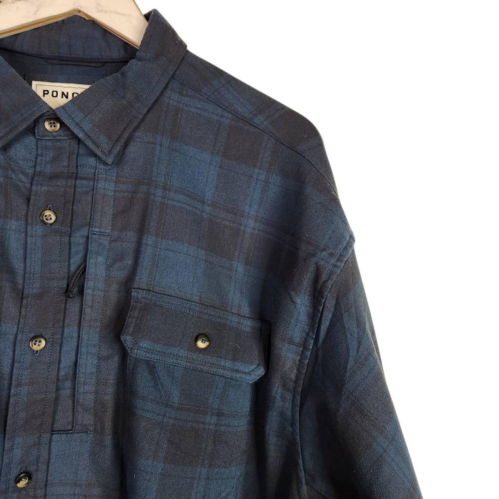 PONCHO Shirt Mens 2XL Blue Plaid Magnetic Pockets Regular Fit Twill Button Up - Picture 4 of 10